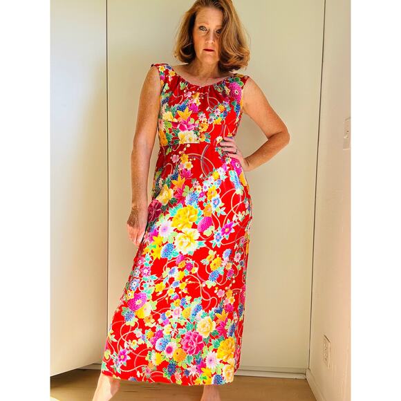 Vintage Andrade Womens Hawaiian Dress Size Sm4-6 Red Floral Tropical Print Maxi - Picture 4 of 11